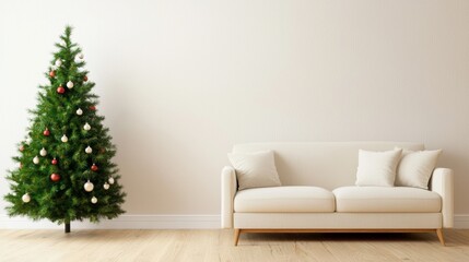  cozy living room featuring a beautifully decorated Christmas tree next to a comfortable beige sofa, evoking a festive atmosphere.