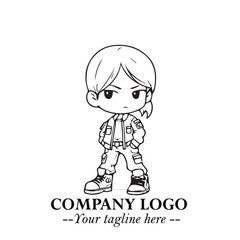 Black and White Chibi Girl Standing in Jacket, Pants, and Boots. Simple Bold Vector Illustration
