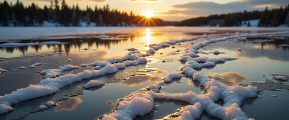 Frozen lake with perfect cracks at sunset featuring tranquil reflection