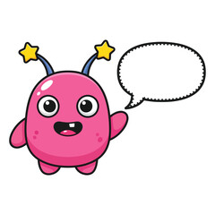 Bubblegum Pink Monster with Star Antennas and Speech Bubble – Cute Flat Cartoon