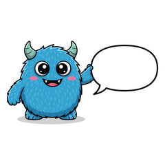Fluffy Blue Monster with Speech Bubble – Bright 2D Flat Cartoon