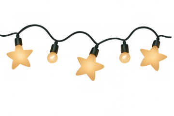 String lights with glowing star and round bulbs, decorating for holiday celebrations on transparent background