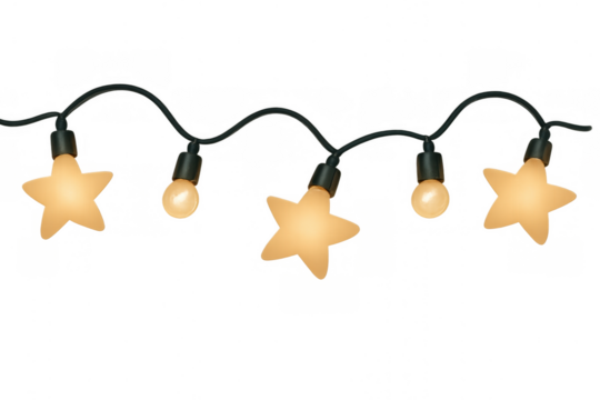 String lights with glowing star and round bulbs, decorating for holiday celebrations on transparent background