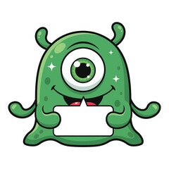 Green Cyclops Blob Monster with Speech Bubble – Cheerful Cartoon Vector