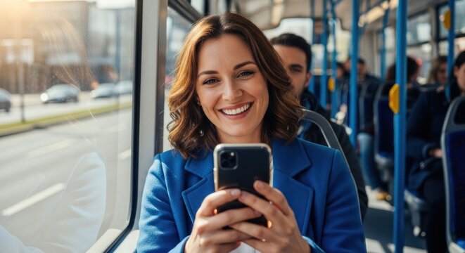 Smiling woman using smartphone on a bus, other passengers visible - Powered by Adobe