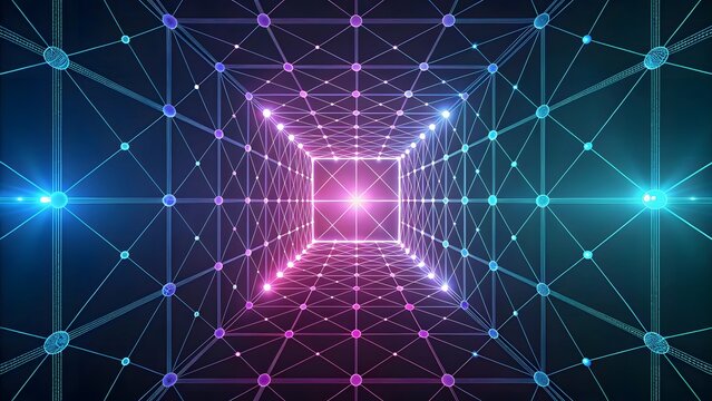 Abstract digital network tunnel with glowing pink and blue lights