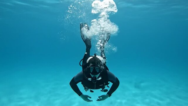Underwater shot of a scuba diver ascending, bubbles rising, in clear turquoise ocean