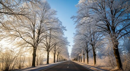 Frost-kissed winter road framed by icy trees, ethereal winter journey scene