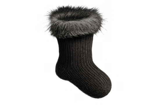 Black knitted warm cozy wool sock with fur cuff for winter apparel, comfort, and fashion on transparent background