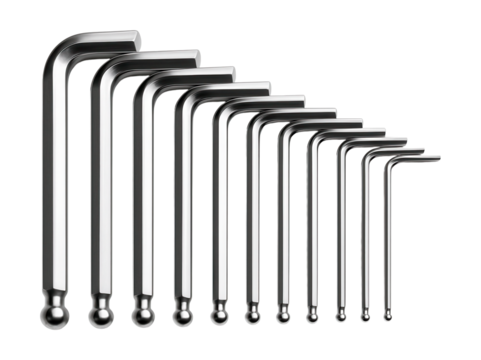 Ten-piece hex key set with ball-end tips for easy furniture assembly.