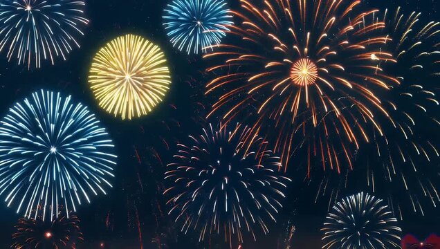high quality 4k animation colorful fireworks illuminating sky text happy new year 2026 appearing vibrant glowing style ideal festive celebration videos new year eve parties joyful holiday greetings