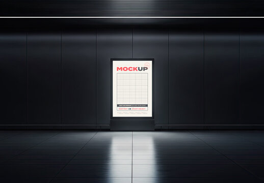 Vertical Bright Sign Poster Mockup on Dark Scene