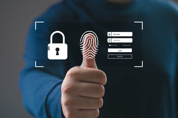 Hand showing a thumb with fingerprint scan, padlock icon, and login interface, representing biometric security, digital identity verification, and online data protection for secure access systems.