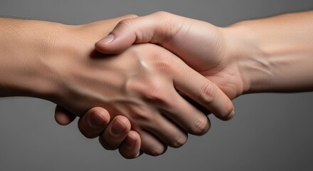 Two interlocked hands in a handshake, close-up, neutral background