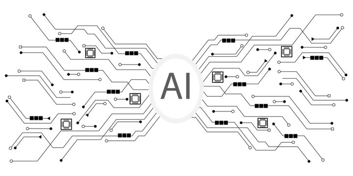 Artificial intelligence icon, sign, logo in the circuit line style. AI processor vector icon flat design. Motherboard digital chip AI. Machine learning design