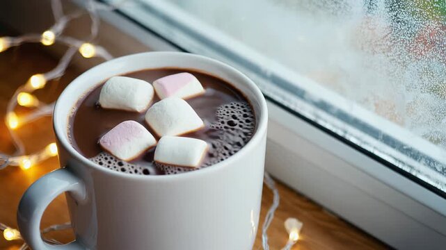 A cozy cup of hot chocolate topped with pastel-colored marshmallows sits on a windowsill next to softly glowing string lights. The window shows a frosty, misted surface, creating a warm and comforting