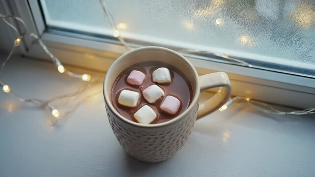A cozy cup of hot chocolate topped with pastel-colored marshmallows sits on a windowsill next to softly glowing string lights. The window shows a frosty, misted surface, creating a warm and comforting