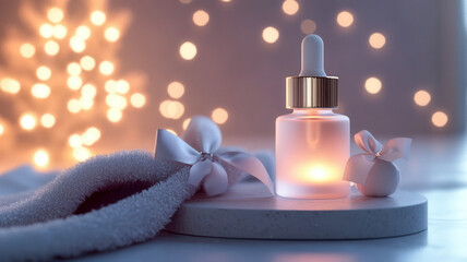 Frosted glass dropper bottle and soft folded towel edge on a minimal product podium. Winter Beauty treatment Mockup.