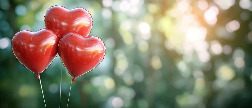 Shiny Red Heart Shaped Balloons with Soft Blurred Bokeh Lights, Romantic Abstract Background for Valentine&rsquo;s Day, Love Celebration, Greeting Card and Anniversary, Copy Paste Area, Panoramic Video