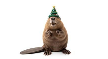 Fototapeta premium beaver wearing a Christmas tree hat, holiday animal graphic, on a white background