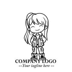 Black and White Chibi Girl Standing in Jacket, Pants, and Boots. Simple Bold Vector Illustration
