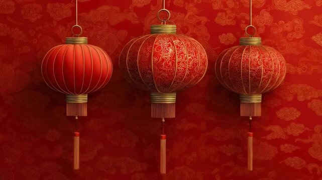 Three red and gold lanterns two patterned and one striped hang from strings against a red backdrop with subtle swirling designs
