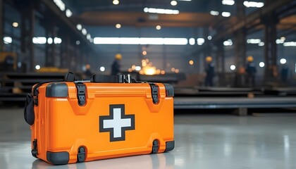 Essential first aid kit ready for workplace emergencies in a busy manufacturing facility, promoting safety and immediate response for industrial hazards