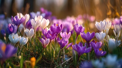 Closeup of vibrant purple and white crocuses blooming in soft sunlight