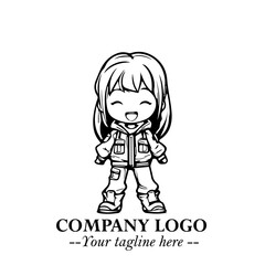 Black and White Chibi Girl Standing in Jacket, Pants, and Boots. Simple Bold Vector Illustration

