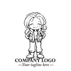 Black and White Chibi Girl Standing in Jacket, Pants, and Boots. Simple Bold Vector Illustration
