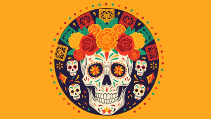 Vibrant Sugar Skull with Floral Crown for Day of the Dead Celebration. Traditional Mexican Calavera Art on Orange Background.