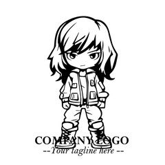 Black and White Chibi Girl Standing in Jacket, Pants, and Boots. Simple Bold Vector Illustration

