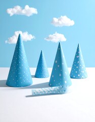 Birthday party scene with cones, a noisemaker, and puffy clouds