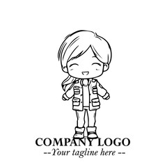 Black and White Chibi Girl Standing in Jacket, Pants, and Boots. Simple Bold Vector Illustration
