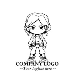Black and White Chibi Girl Standing in Jacket, Pants, and Boots. Simple Bold Vector Illustration
