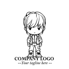Black and White Chibi Girl Standing in Jacket, Pants, and Boots. Simple Bold Vector Illustration
