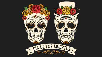 Día de los Muertos Sugar Skulls Couple Illustration. Floral Calaveras with Top Hat on Black Background