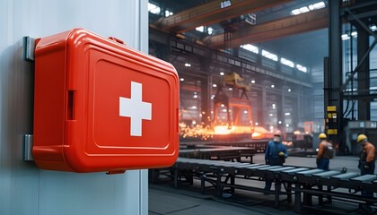 First aid kit mounted in busy steel factory, safety and healthcare in industrial environment, worker protection and emergency response, occupational health