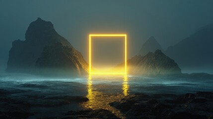 Glowing golden square portal on misty sea among dark rocks, mysterious surreal futuristic landscape with light reflection and fantasy concept