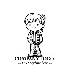 Black and White Chibi Girl Standing in Jacket, Pants, and Boots. Simple Bold Vector Illustration
