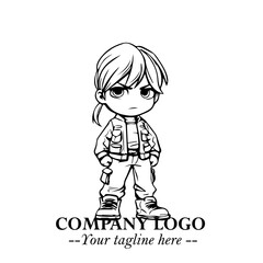 Black and White Chibi Girl Standing in Jacket, Pants, and Boots. Simple Bold Vector Illustration
