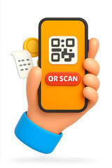 3D Hand Holding Smartphone to Scan QR Code for Online Payment and Shopping Concept