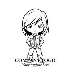 Black and White Chibi Girl Standing in Jacket, Pants, and Boots. Simple Bold Vector Illustration
