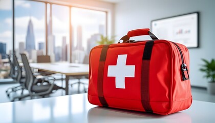Be prepared emergency first aid kit in modern office workspace offers peace of mind and safety compliance for employees and visitors alike