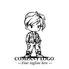 Black and White Chibi Girl Standing in Jacket, Pants, and Boots. Simple Bold Vector Illustration
