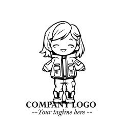 Black and White Chibi Girl Standing in Jacket, Pants, and Boots. Simple Bold Vector Illustration
