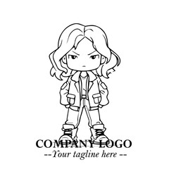 Black and White Chibi Girl Standing in Jacket, Pants, and Boots. Simple Bold Vector Illustration
