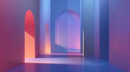 Minimalist abstract architecture corridor with soft pink and purple light, modern archway interior design, surreal dreamy geometric perspective