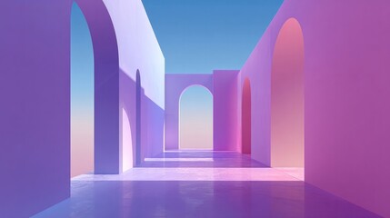 Minimalist abstract architecture corridor with soft pink and purple light, modern archway interior design, surreal dreamy geometric perspective