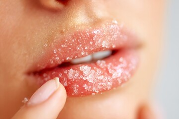 Naklejka premium Close-up of Young Woman Applying Sugar Lip Scrub for Soft and Smooth Lips
